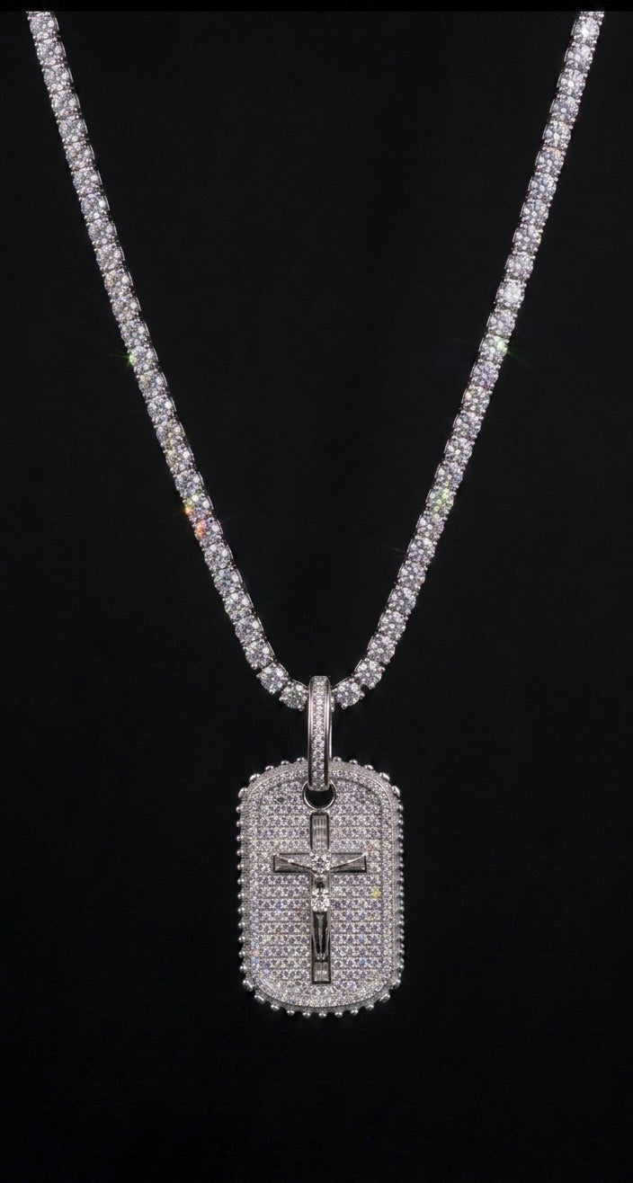 18k white gold plated tennis chain and iced dog tag pendant.
