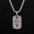 18k white gold plated tennis chain and iced dog tag pendant.