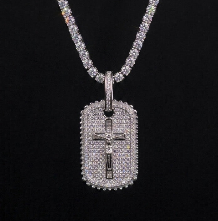 18k white gold plated tennis chain and iced dog tag pendant.