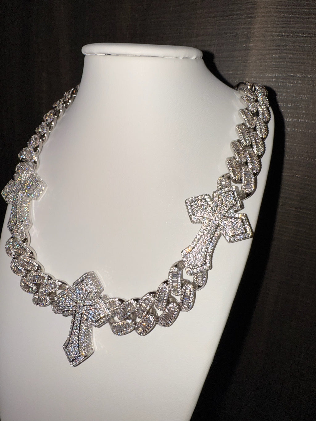 18 k white gold plated iced baguette cross stations Cuban link necklace
