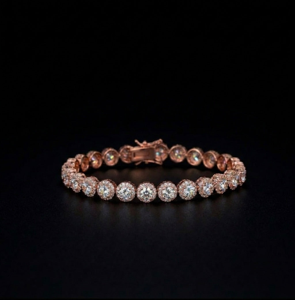 18k rose gold plated circle tennis bracelet.