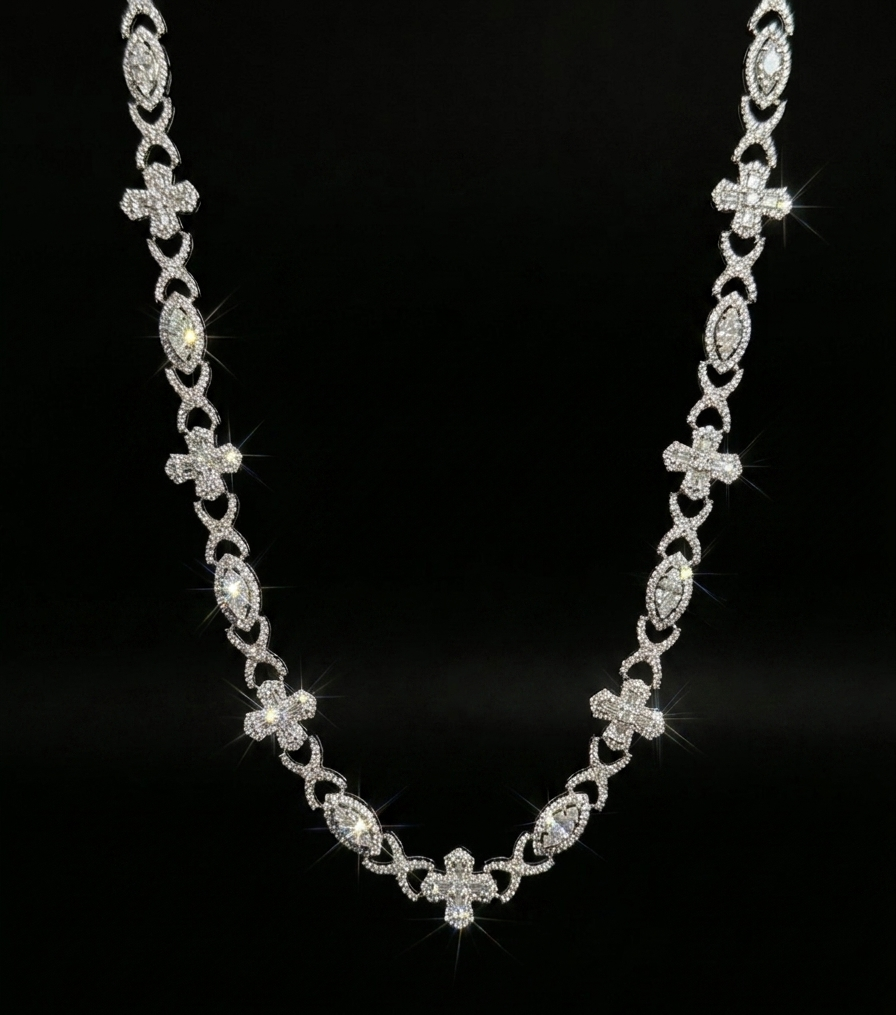 2 pieces set 18k white gold plated iced necklace and bracelet.