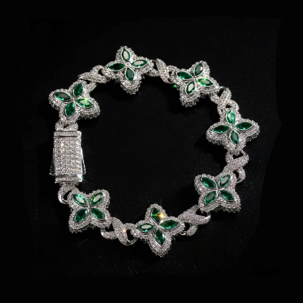 18k White gold plated iced 4 leaf bracelet.