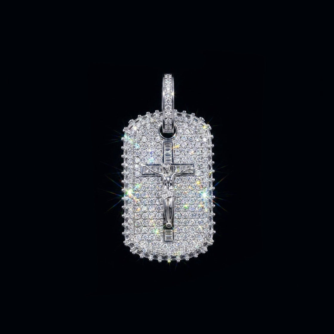 18k white gold plated iced cross tag pendant.