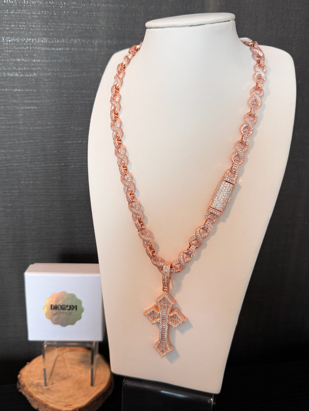 18k Rose gold plated iced out infinity chain and cross pendant.