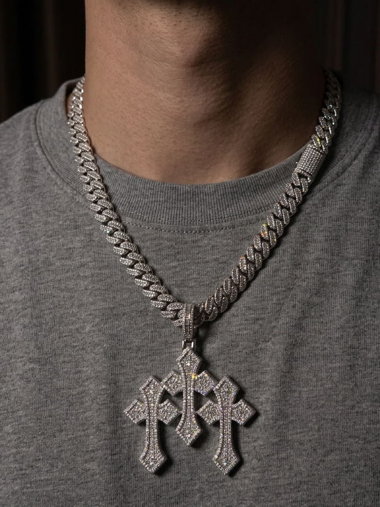 18k white gold plated baguette Cuban and iced triple chrome cross pendant.