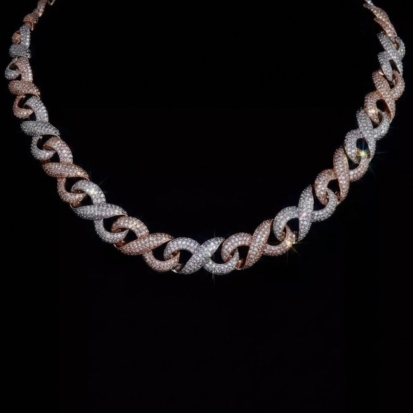 Iced out 18k 2 tones gold plated infinity necklace.