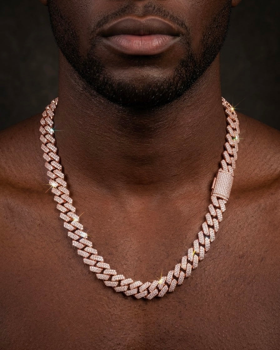 18k rose gold plated iced Cuban and cross coin pendant.