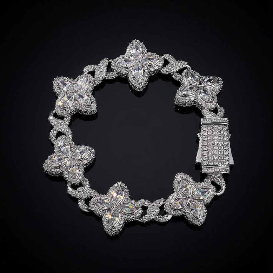 18k white gold plated four leaf iced bracelet.
