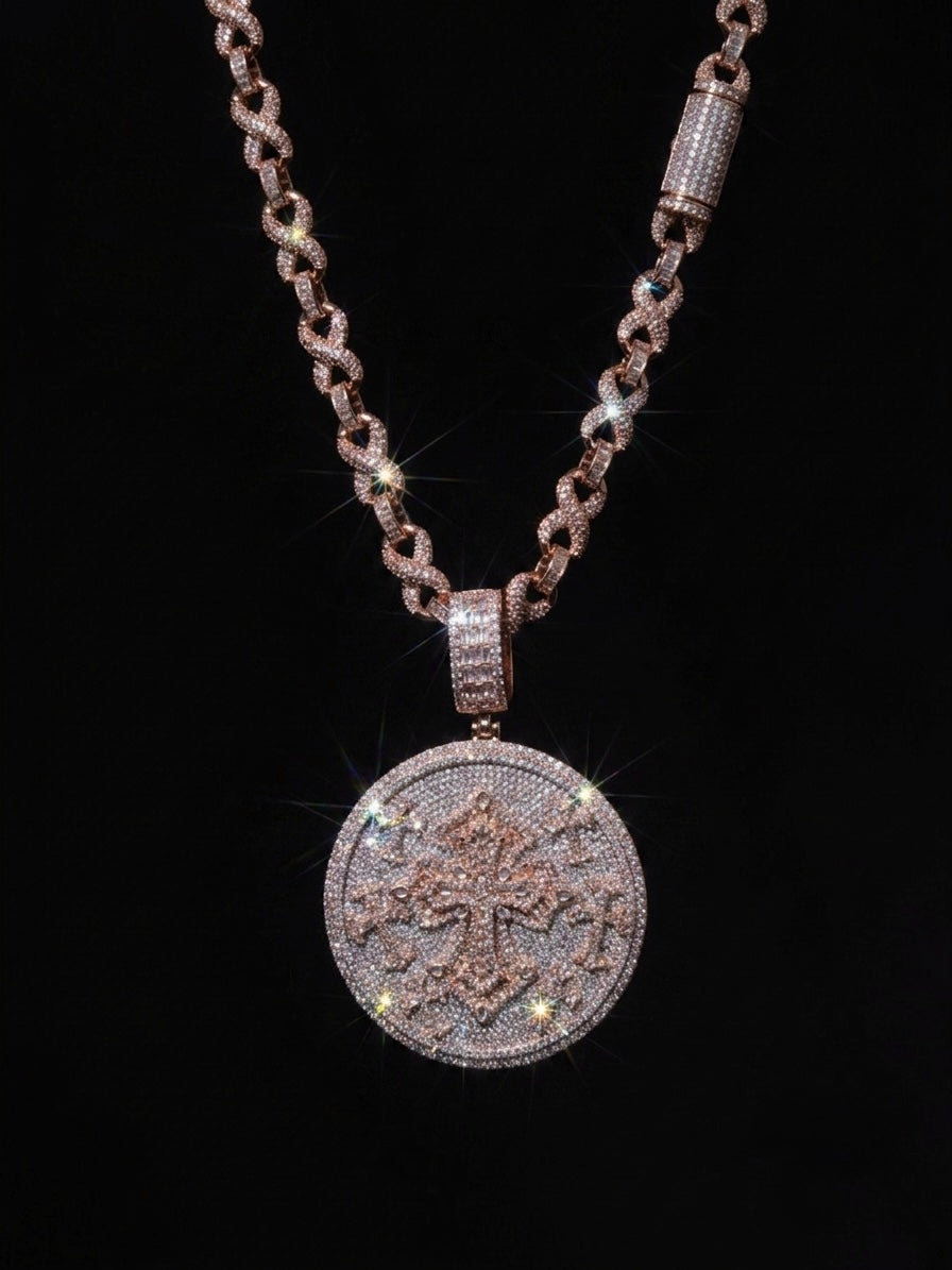 18k rose gold plated iced infinity chain and coin pendant.