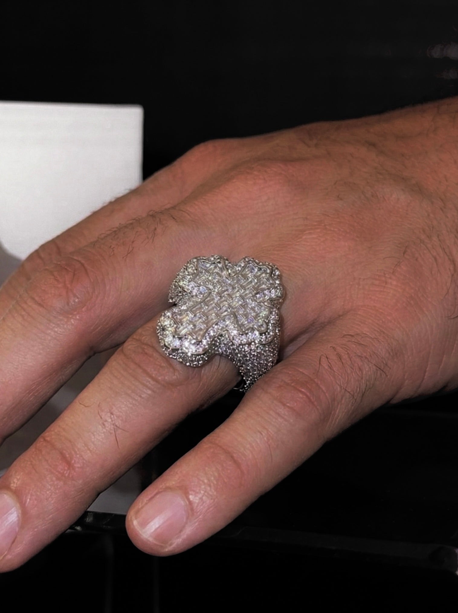 18k white gold plated iced cross ring.