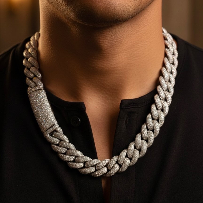 18k White Gold Finish Micro Pave Cuban Link Necklace.