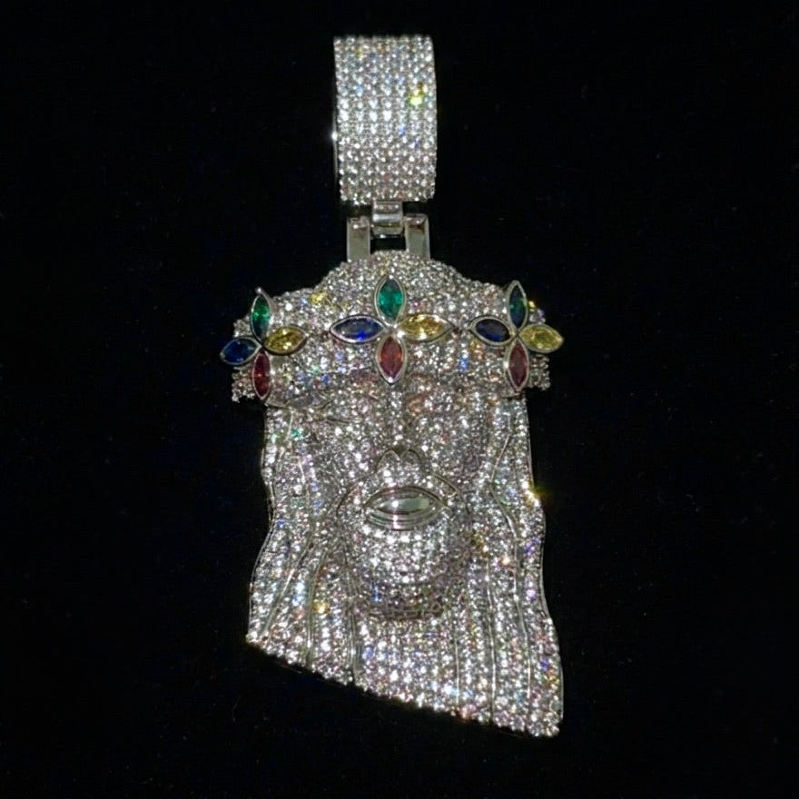 18k White Gold Plated Bust down God Face Pendant.