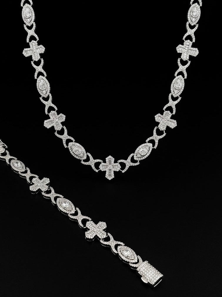 2 pieces set 18k white gold plated iced necklace and bracelet.