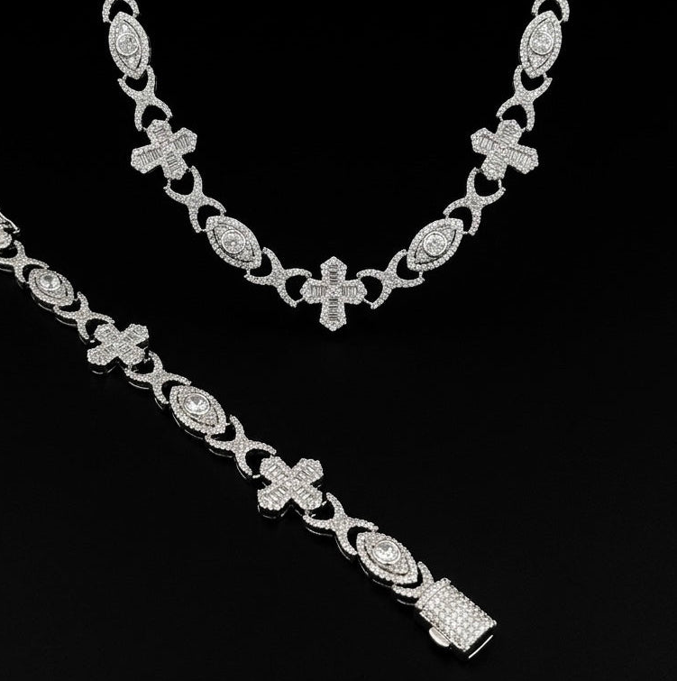 2 pieces set 18k white gold plated iced necklace and bracelet.