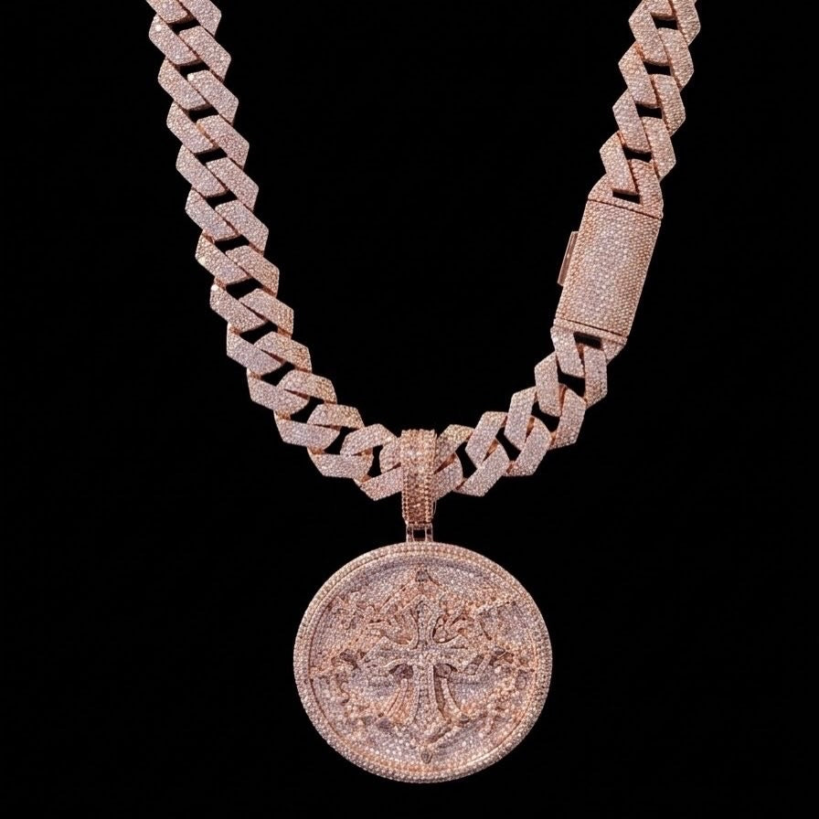 18k rose gold plated iced Cuban and cross coin pendant.