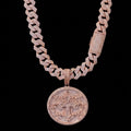 18k rose gold plated iced Cuban and cross coin pendant.
