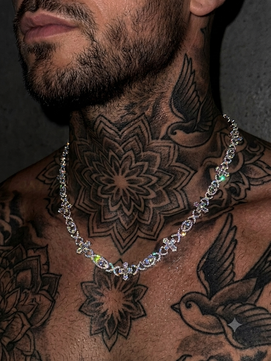 18k white gold plated iced multi shape necklace.