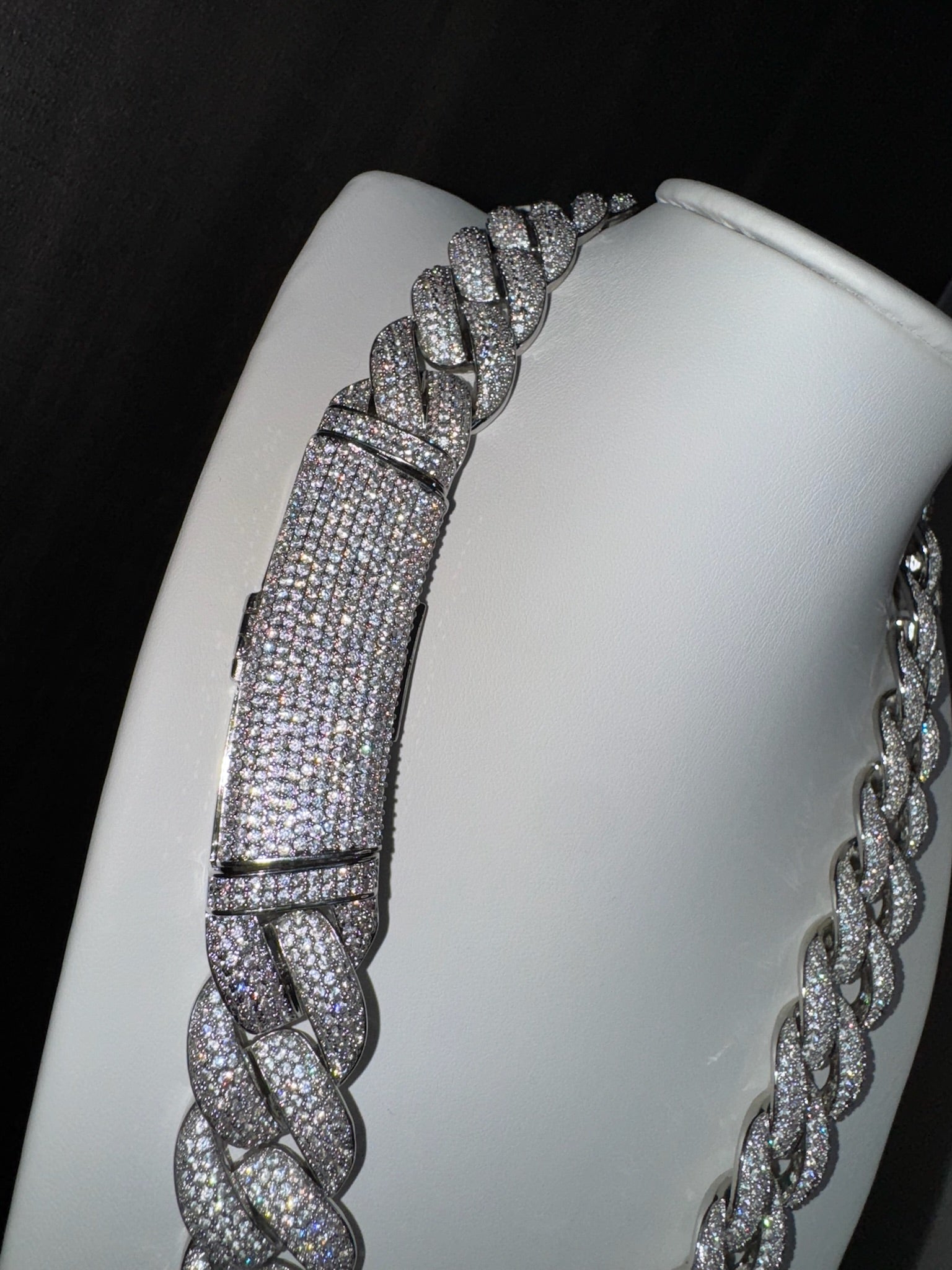 18k White Gold Finish Micro Pave Cuban Link Necklace.