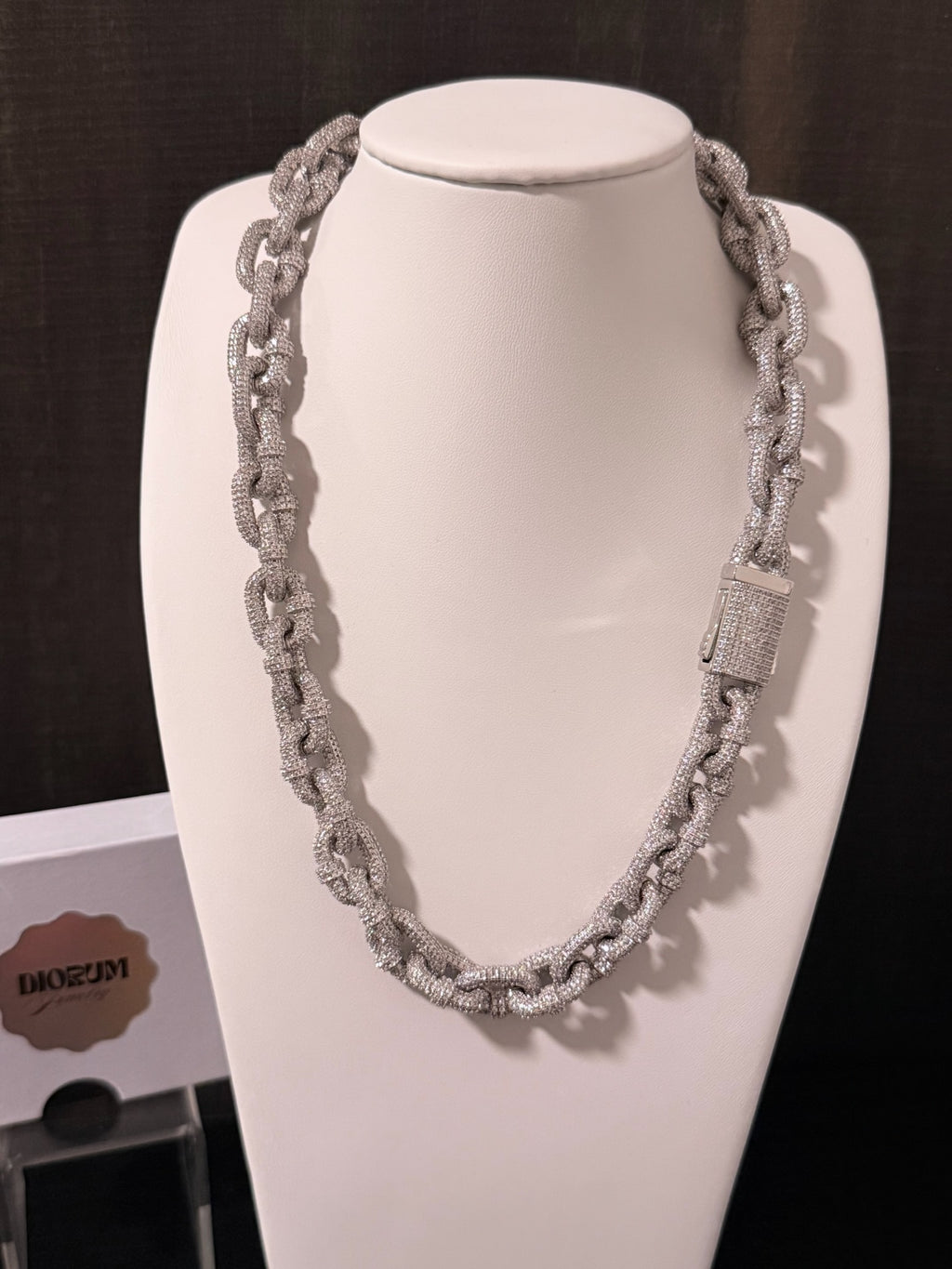 18k white gold plated XL iced links necklace.