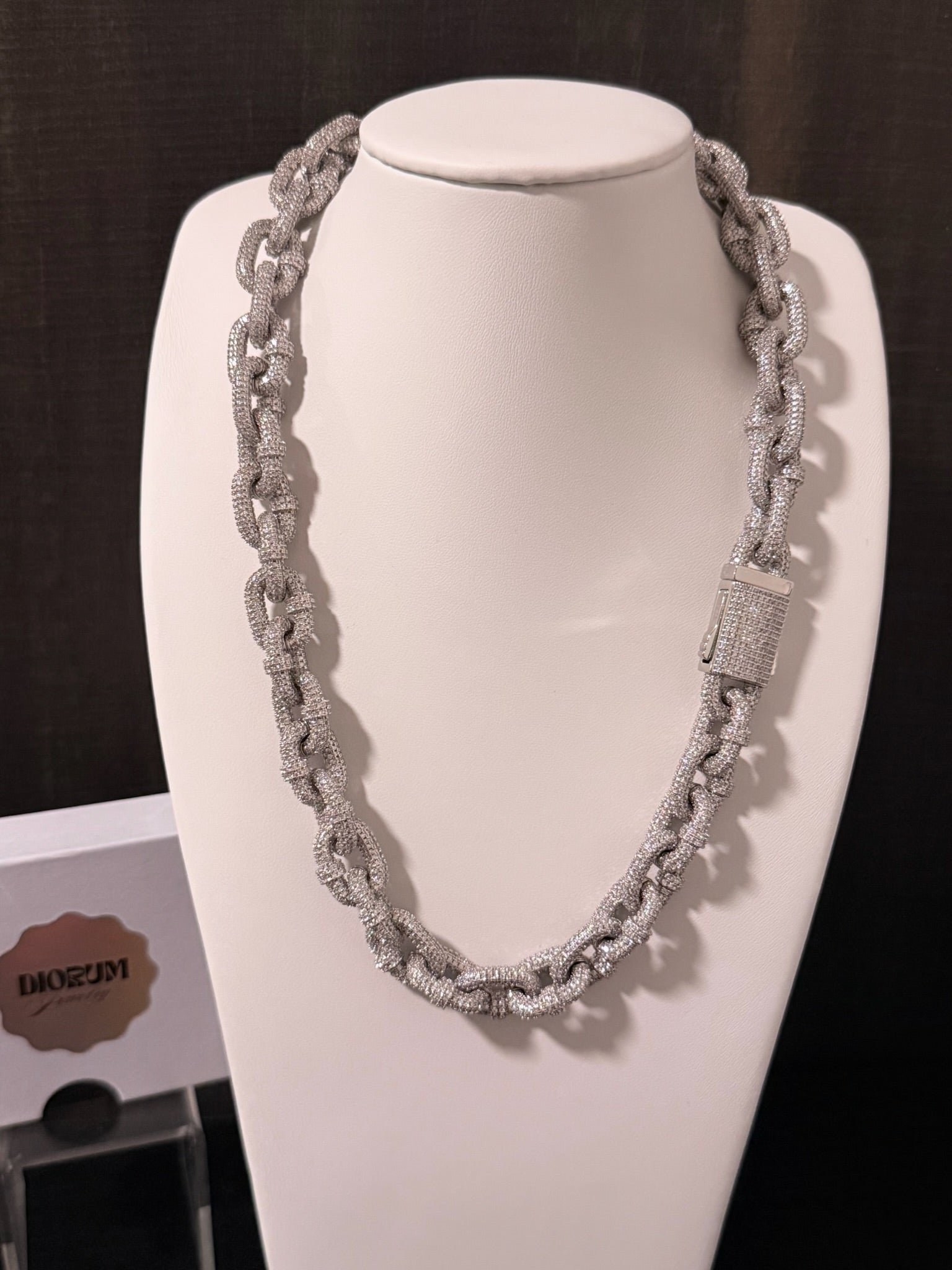 18k white gold plated XL iced links necklace.