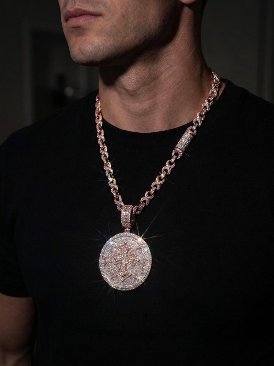 18k rose gold plated iced infinity chain and coin pendant.