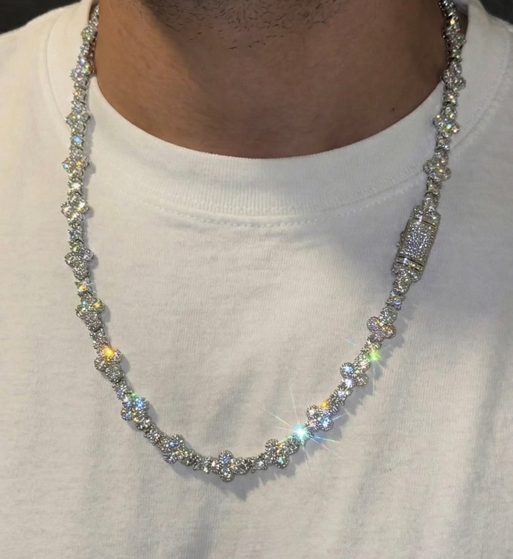 18k White Gold Plated iced infinity cross chain.