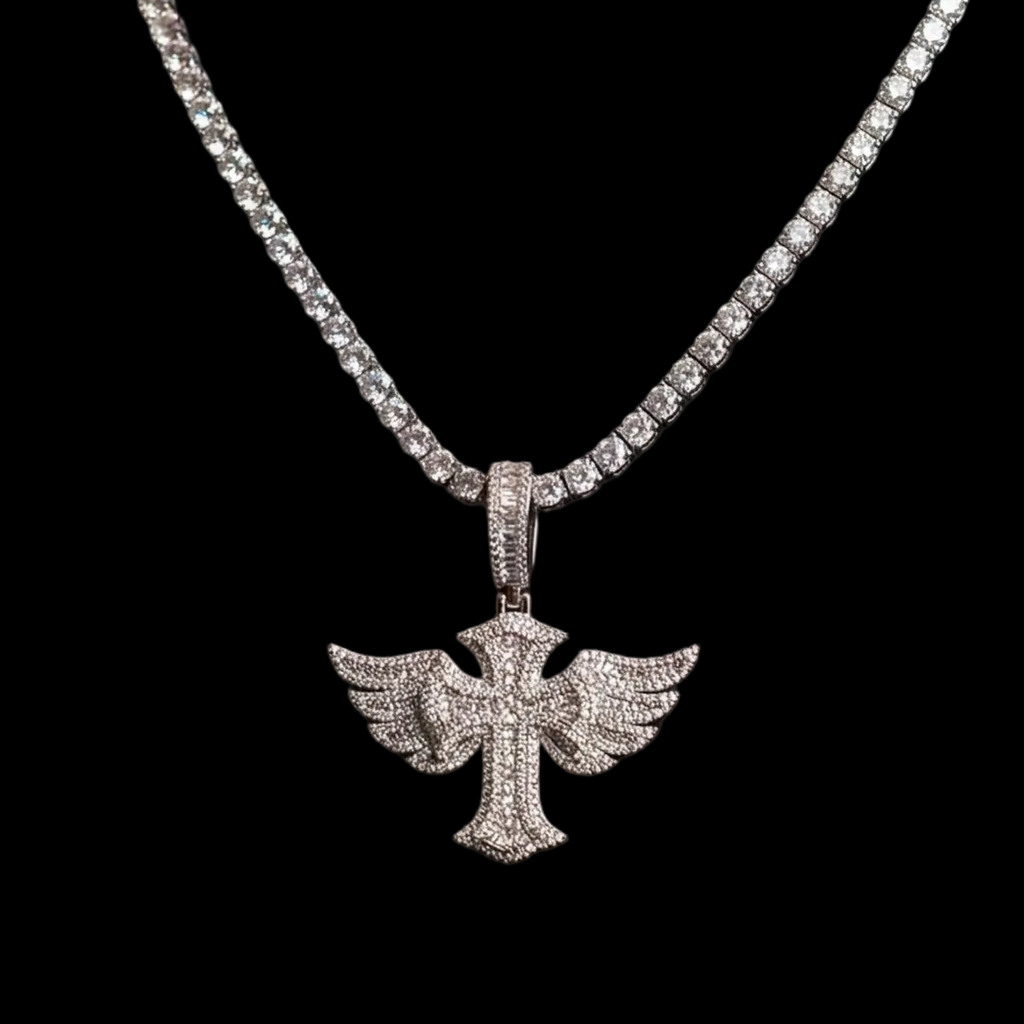 18k white gold plated tennis chain and iced cross pendant.