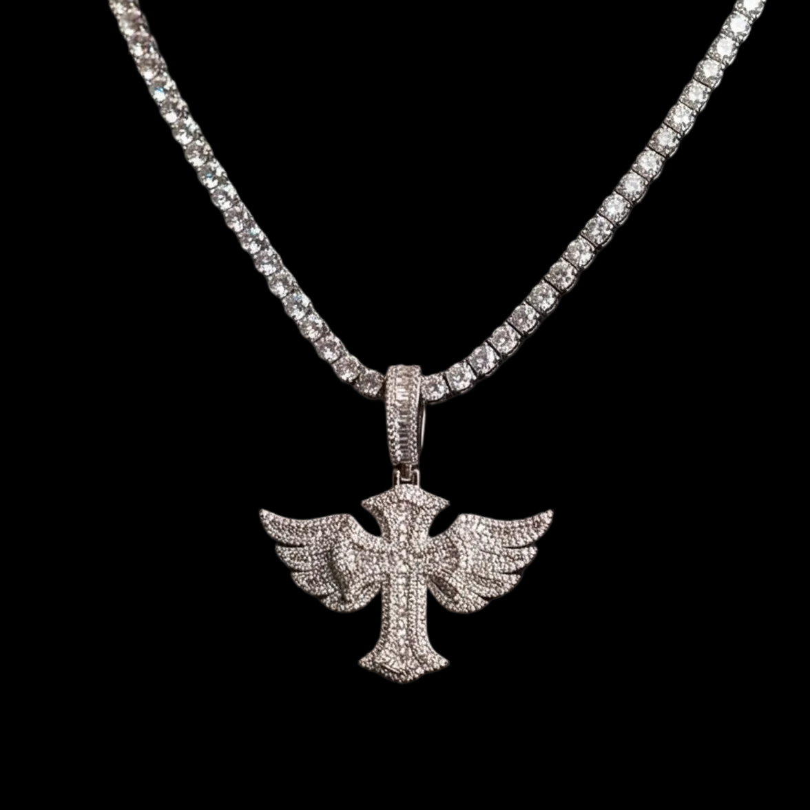 18k white gold plated tennis chain and iced cross pendant.