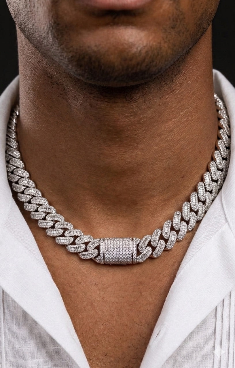18k white gold plated iced baguette Cuban link necklace.