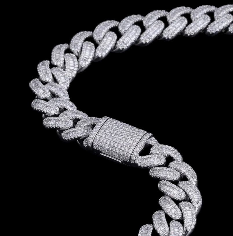 18k white gold plated baguette Cuban and iced triple chrome cross pendant.