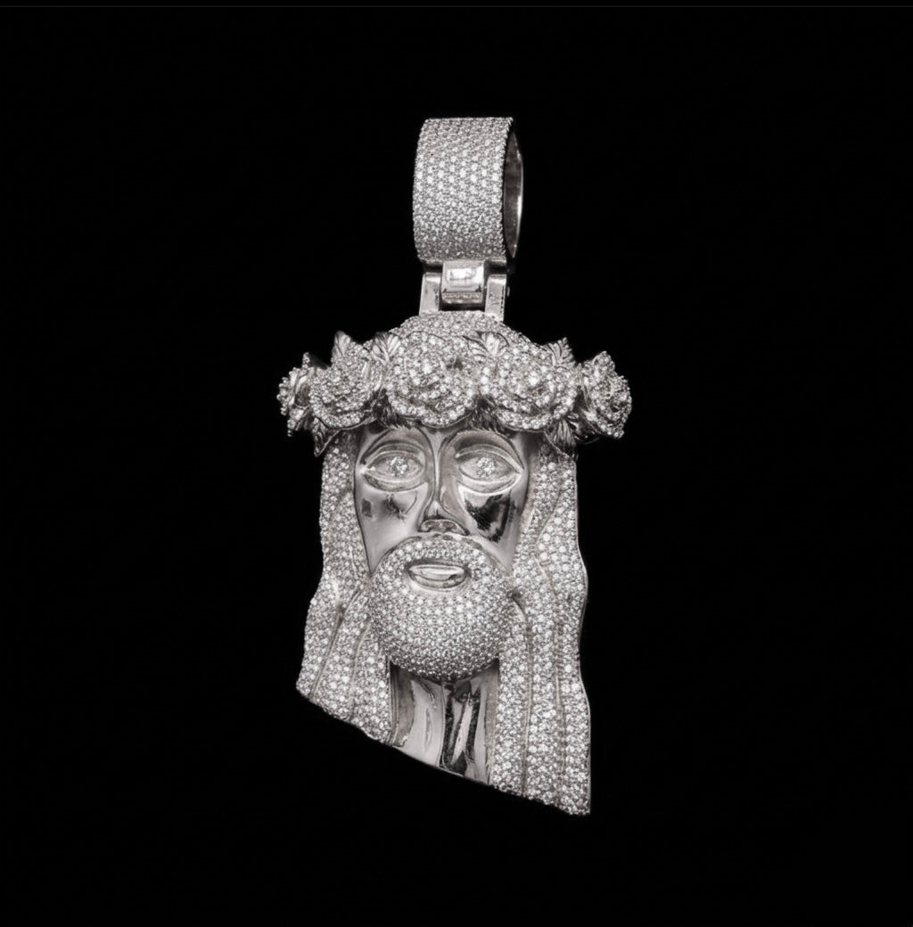 18k rose gold plated iced god face pendant.