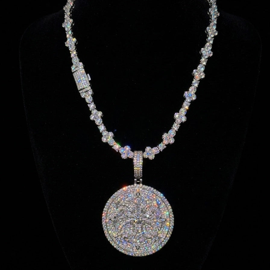18k white gold plated iced infinity cross chain and coin pendant.