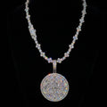 18k white gold plated iced infinity cross chain and coin pendant.