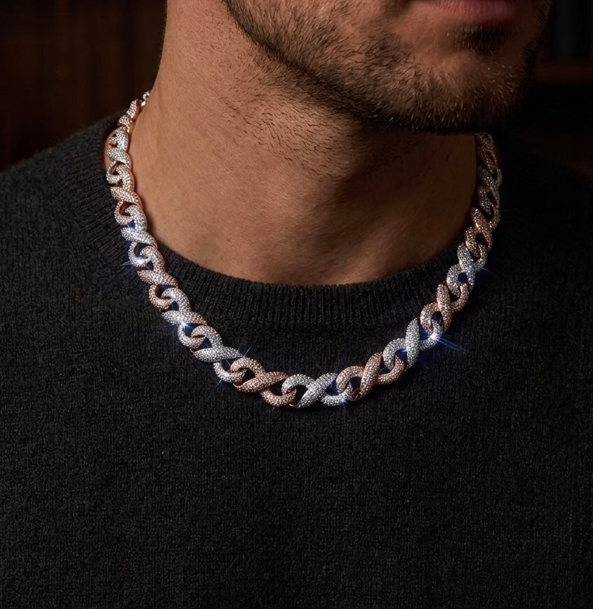 Iced out 18k 2 tones gold plated infinity necklace.