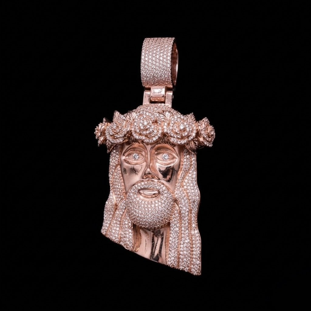 18k rose gold plated iced god face pendant.