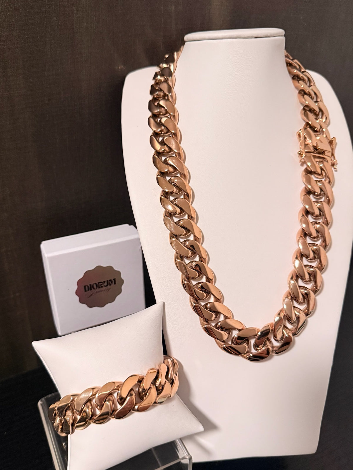 18k rose gold plated stainless steel Cuban Link Set.