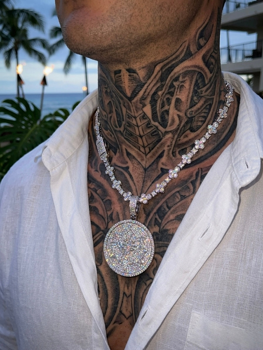 18k white gold plated iced infinity cross chain and coin pendant.