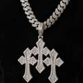 18k white gold plated baguette Cuban and iced triple chrome cross pendant.