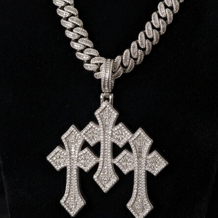 18k white gold plated baguette Cuban and iced triple chrome cross pendant.