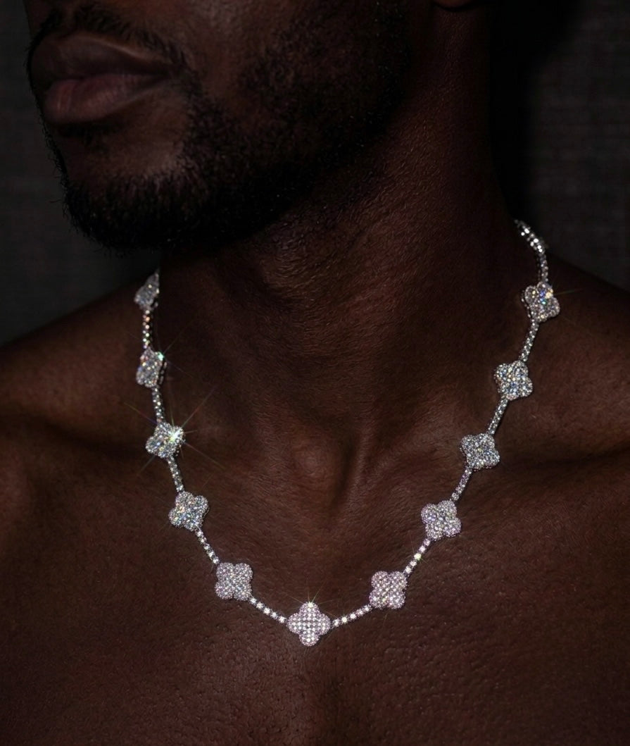 18k White gold plated micro pave clover necklace.
