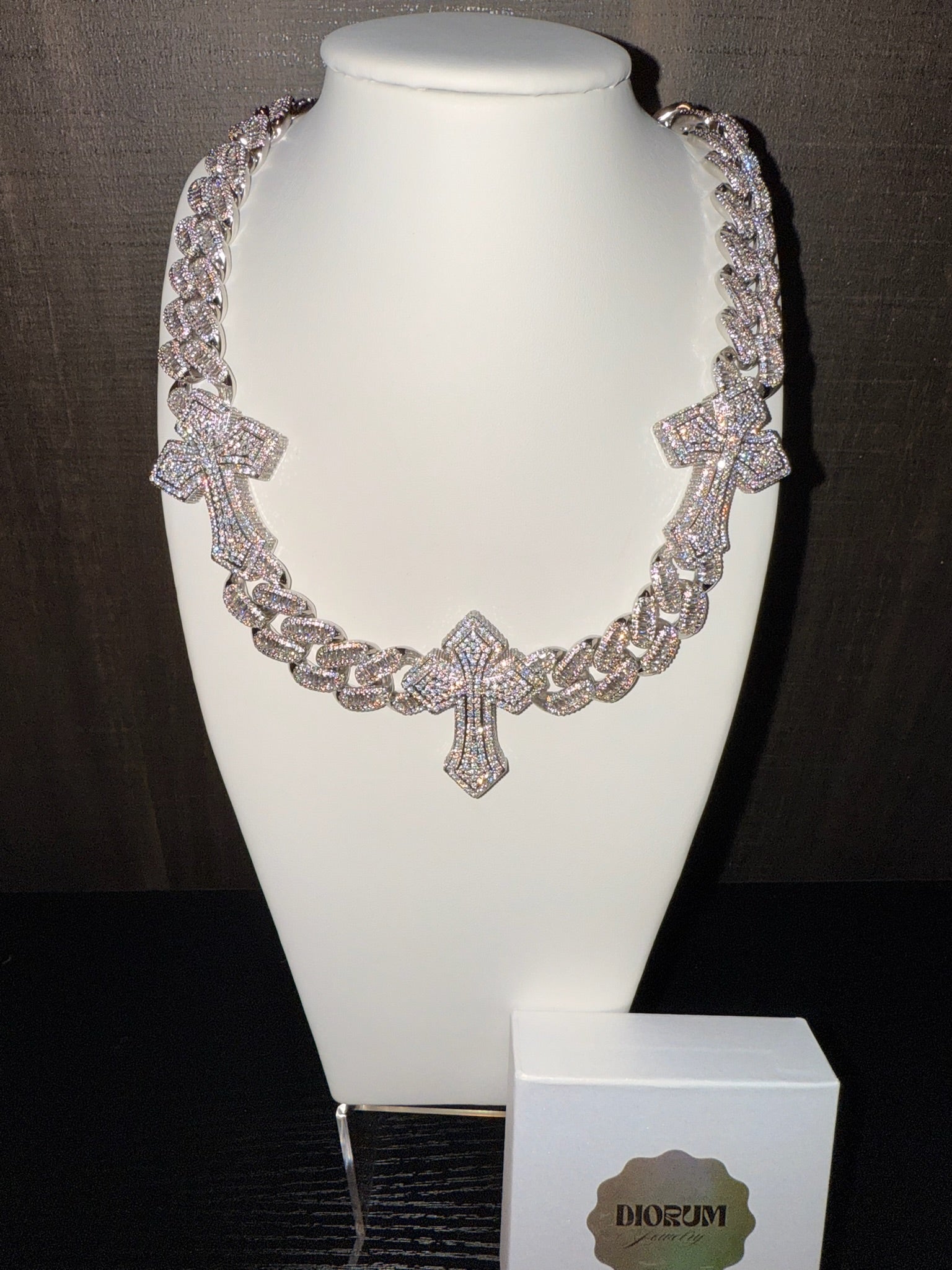 18 k white gold plated iced baguette cross stations Cuban link necklace