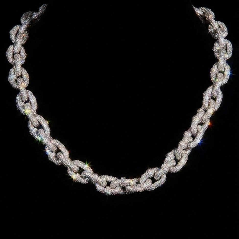 18k white gold plated XL iced links necklace.