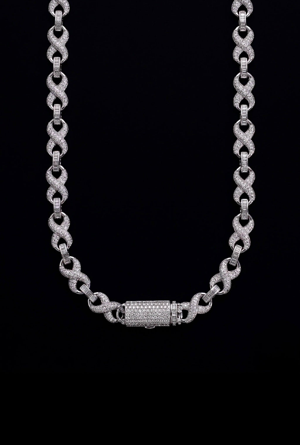 18k white gold plated iced infinity necklace.