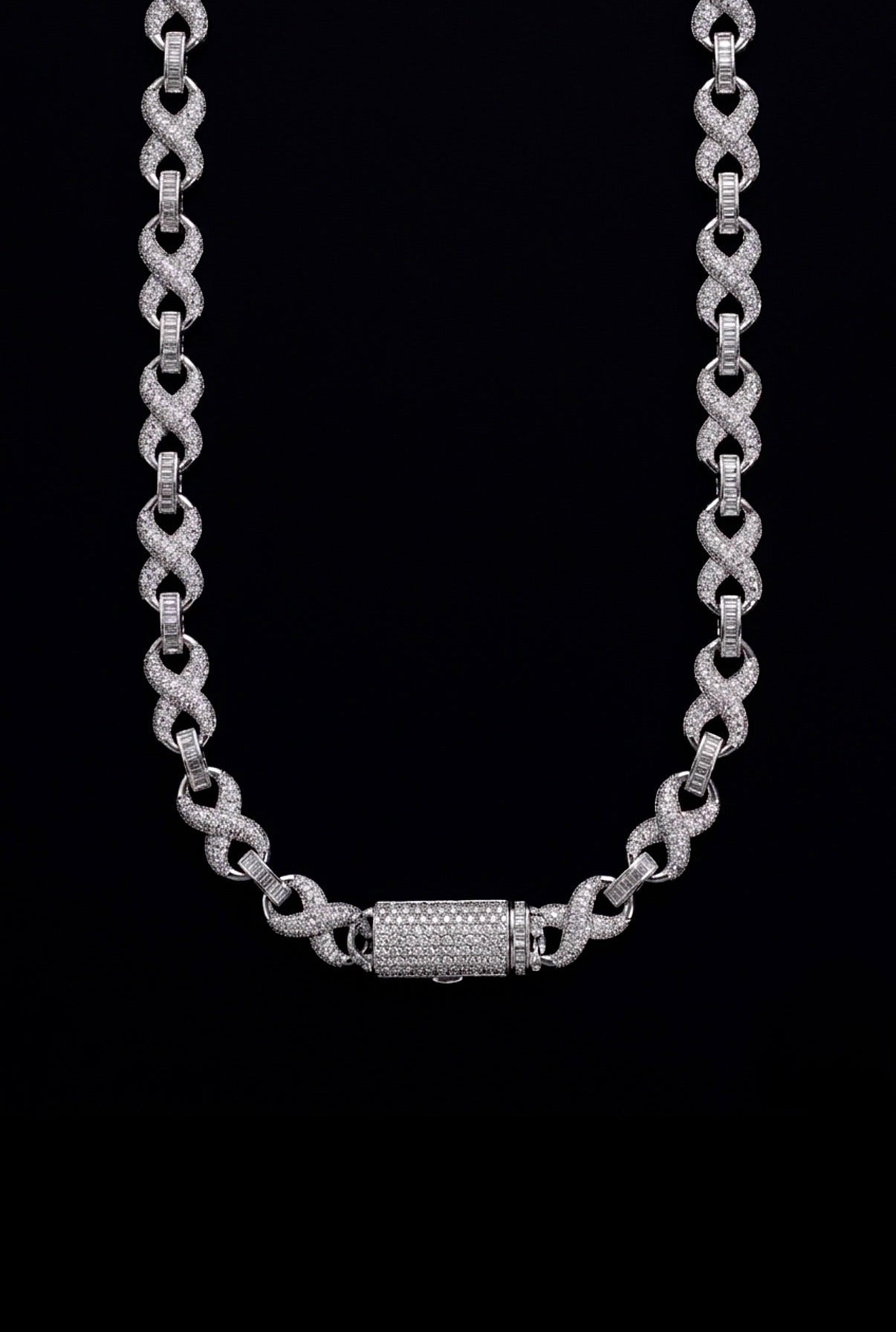 18k white gold plated iced infinity necklace.