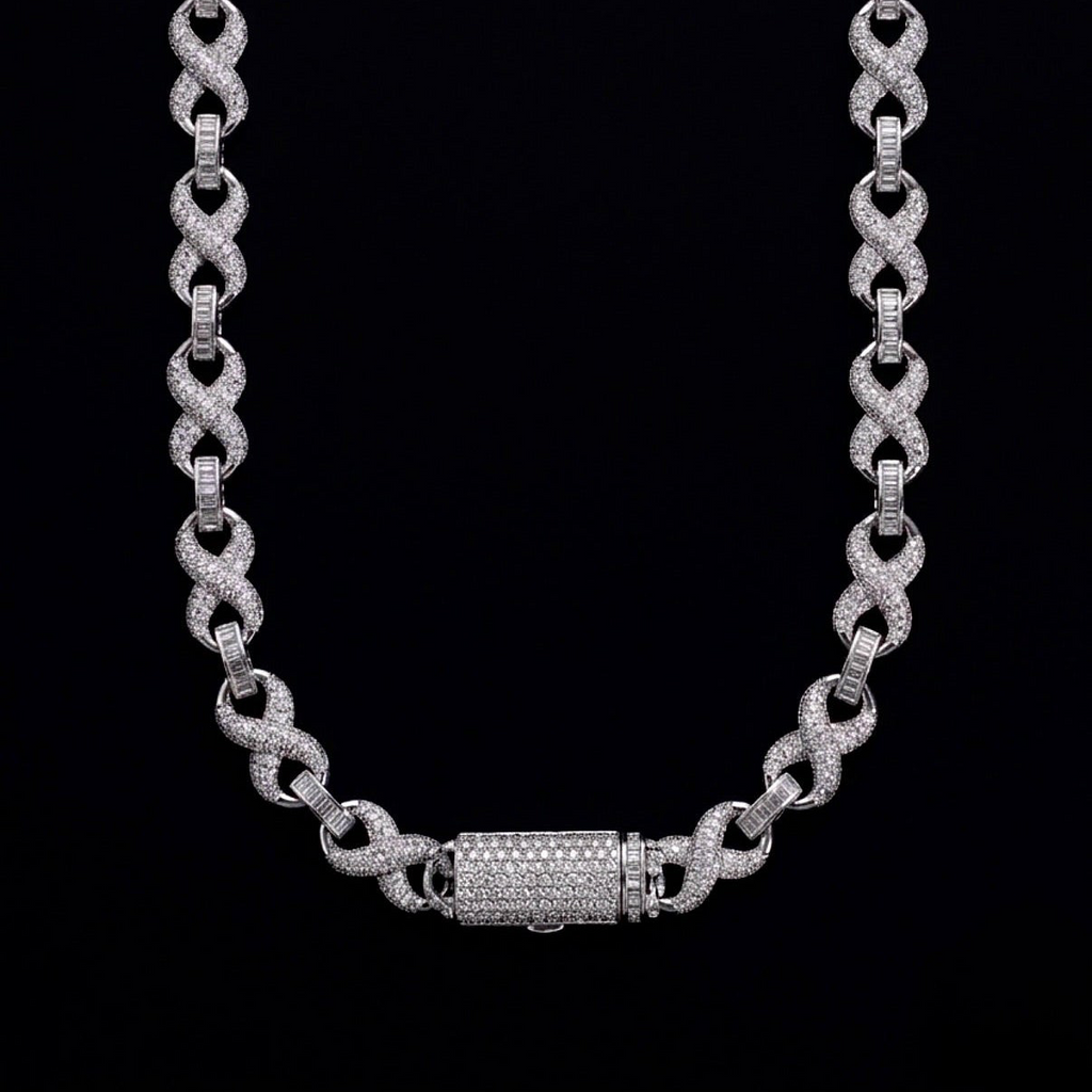 18k white gold plated iced infinity necklace.