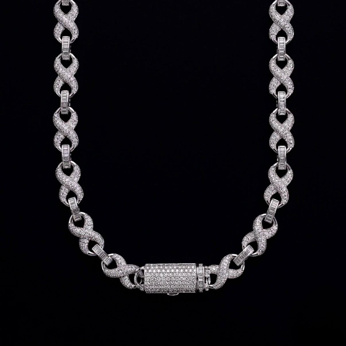 18k white gold plated iced infinity necklace.