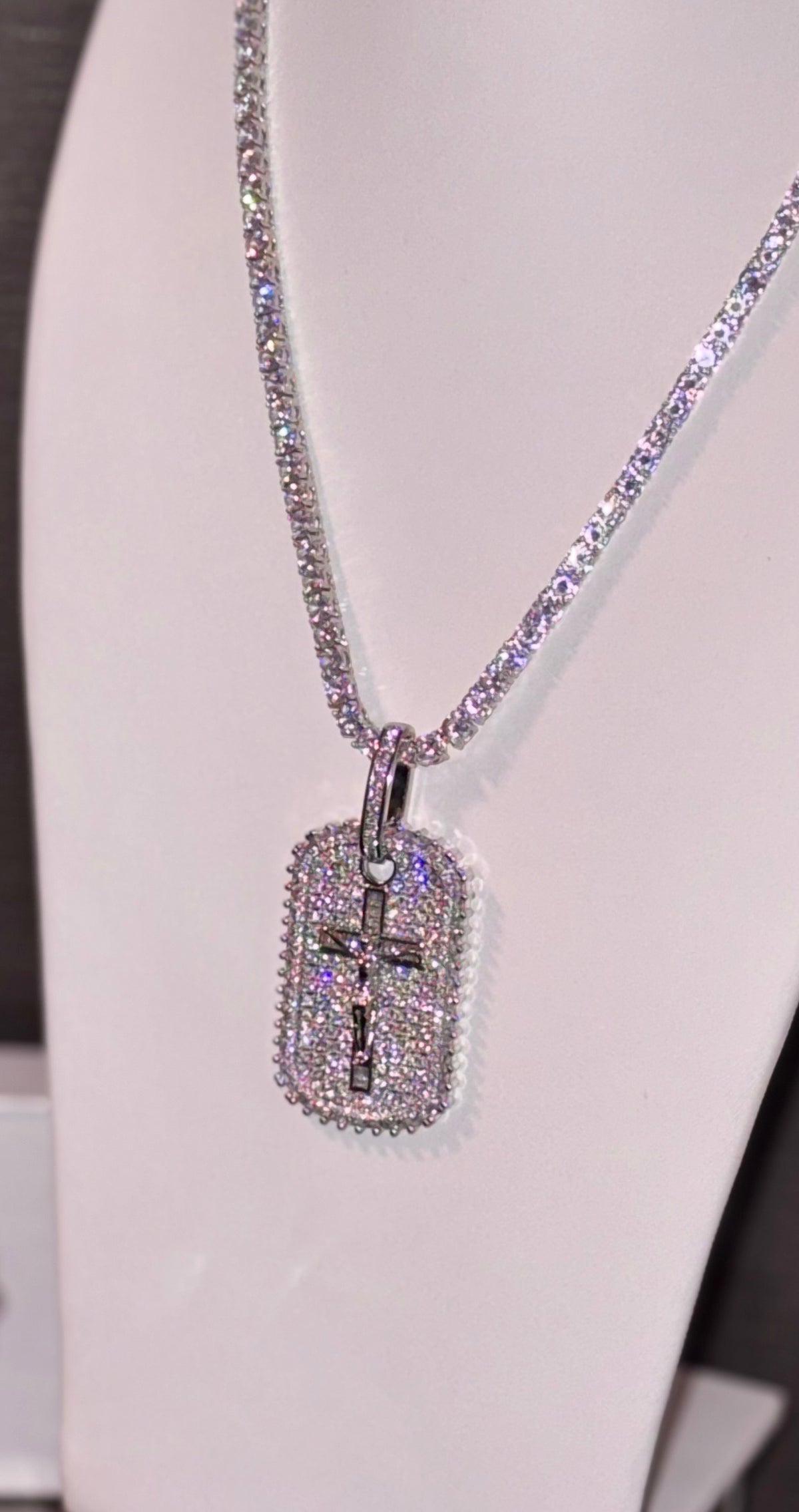18k white gold plated iced cross tag pendant.