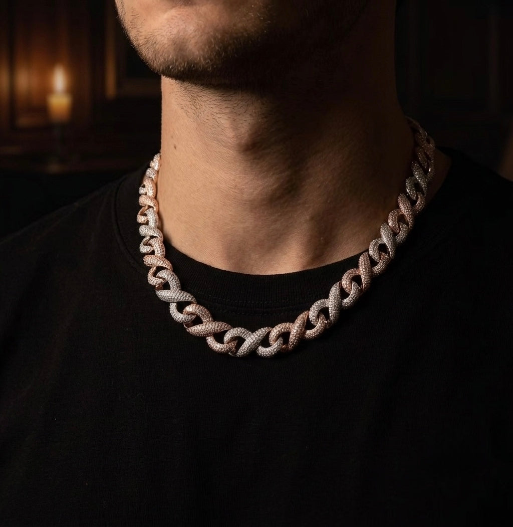 Iced out 18k 2 tones gold plated infinity necklace.