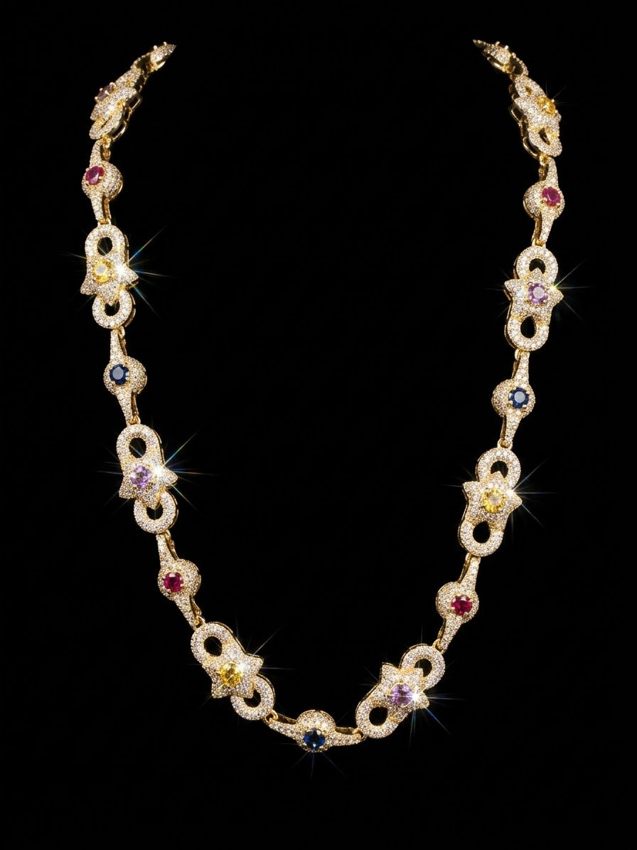 18k white gold plated iced multi shape necklace.